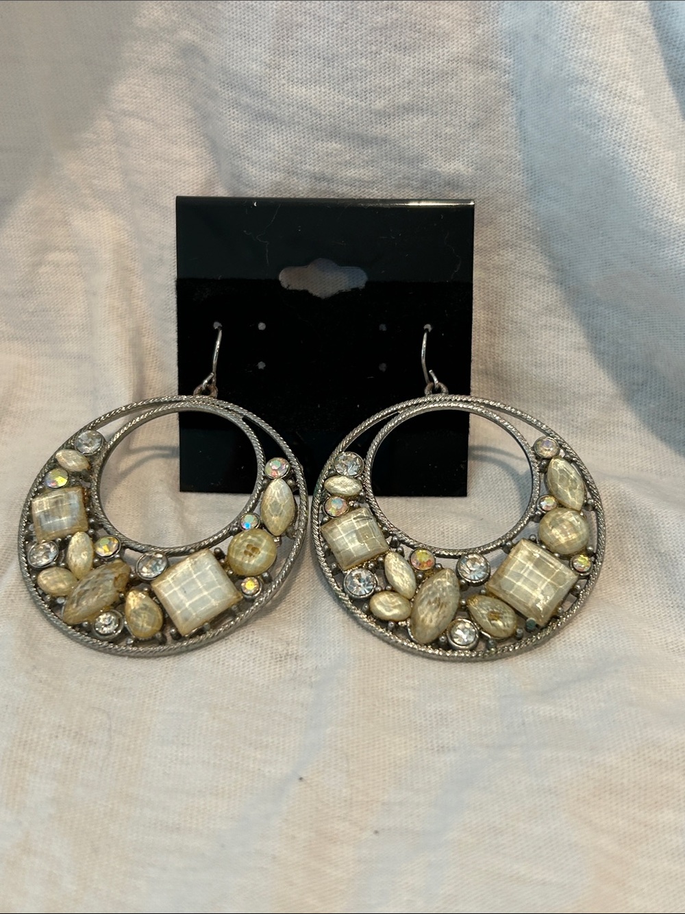 Elegant Round Dangle Earrings with Iridescent Beige Stones